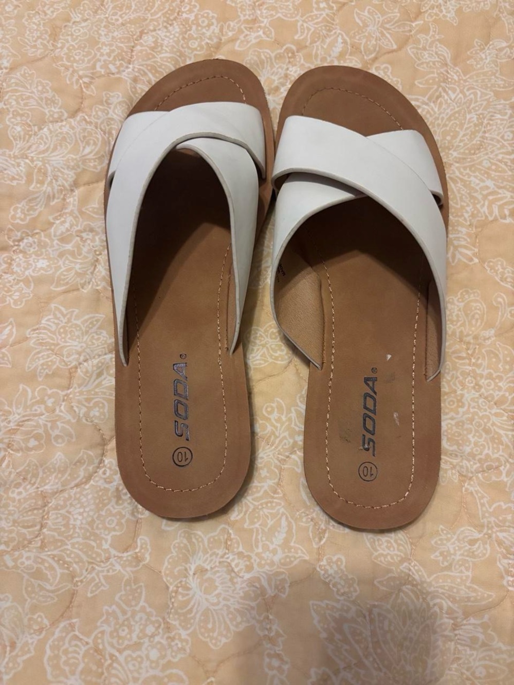 Soda White Crisscross Slide Sandals with Tan Footbed